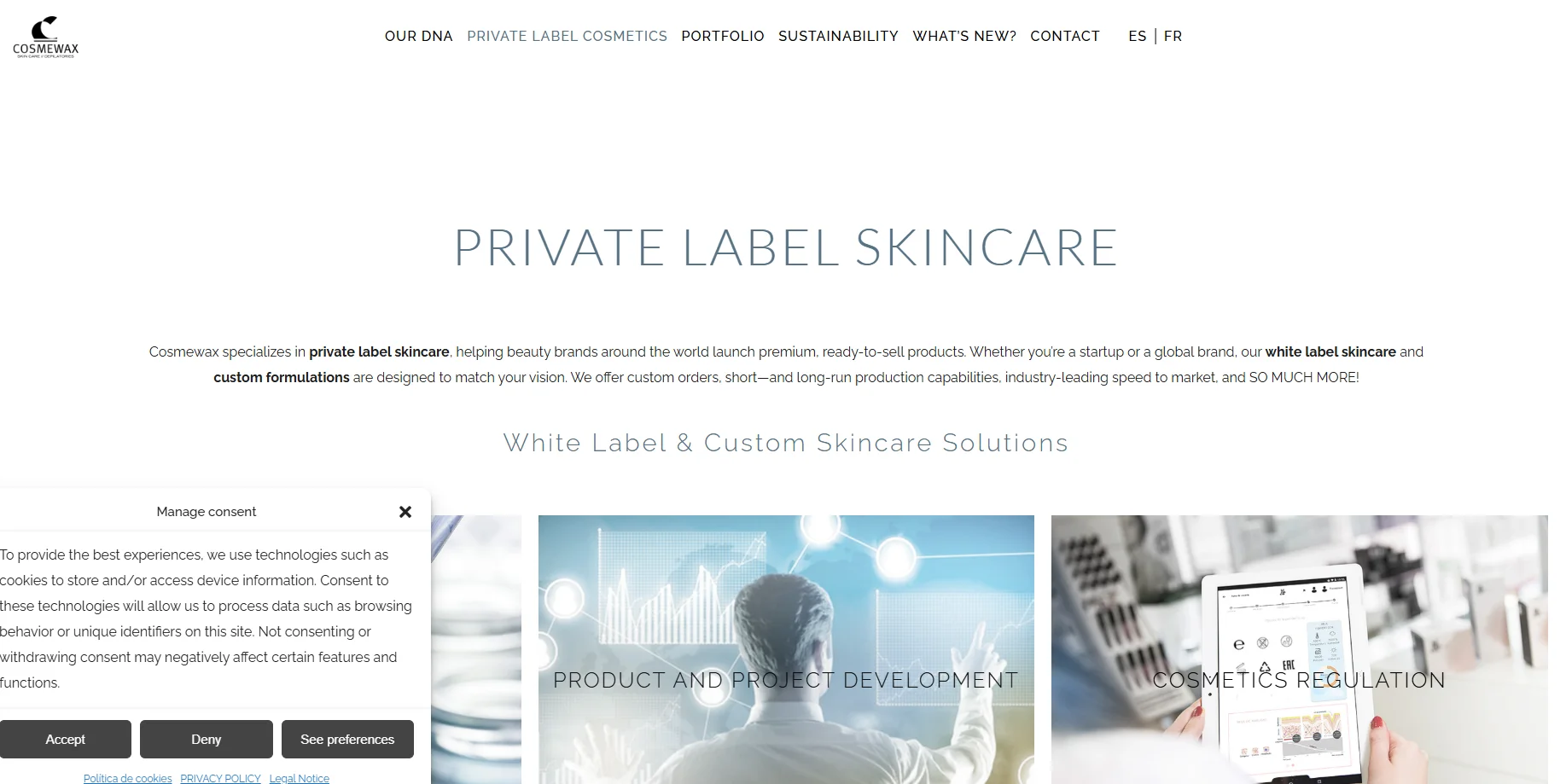 Cosmewax homepage showcasing private label skincare services with sections on product development and cosmetics regulation.